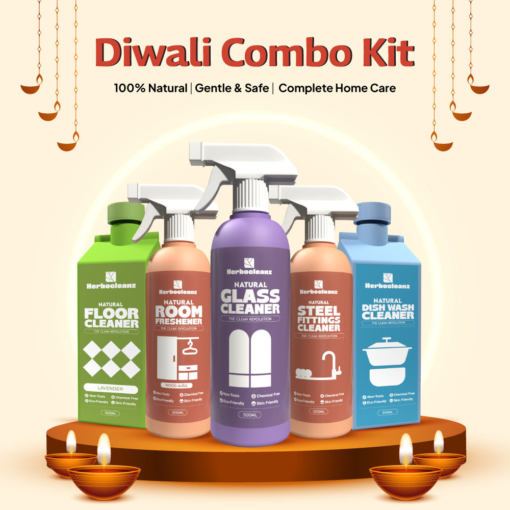 Diwali offer pack Set of natural cleaning products with labels on a decorative platform for Diwali, featuring candles and traditional elements.