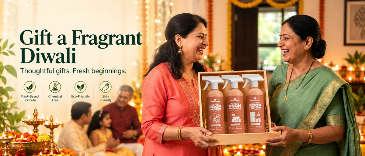 Gift a Fragrant Diwali: two women holding a gift box of Herbocleanz room fresheners