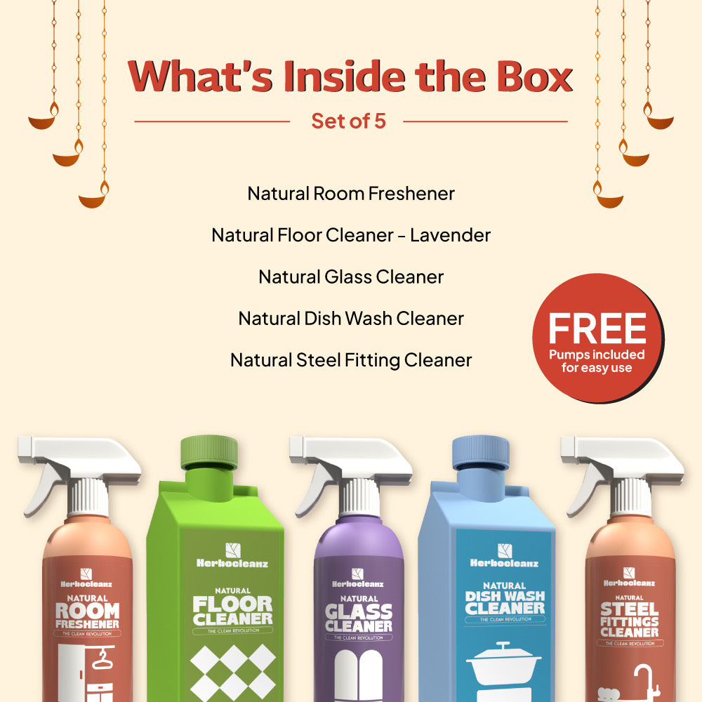 Set of 5 natural cleaning products with pump dispensers on a beige background.